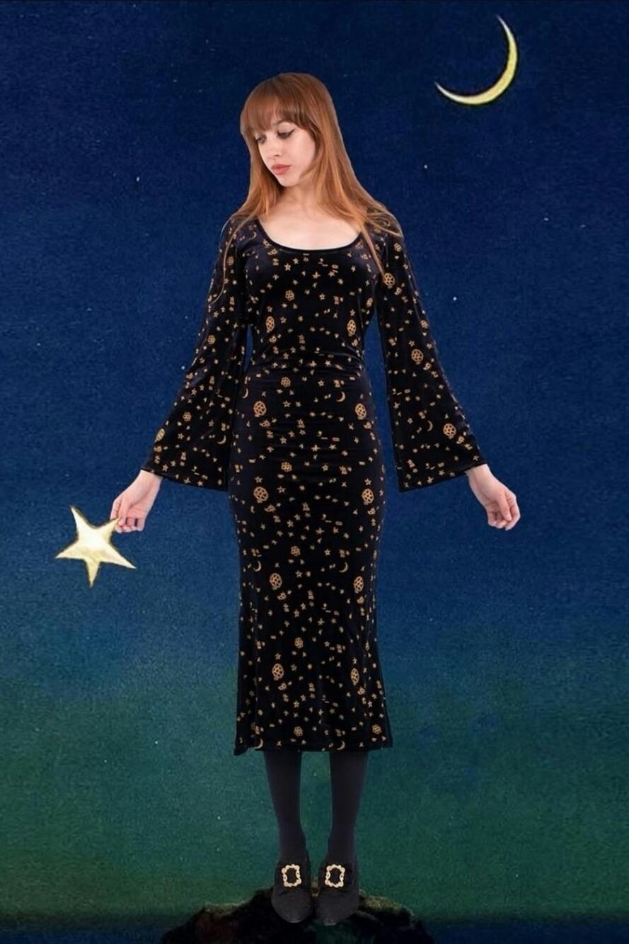 Samantha Pleet Celestial Velvet Dress XL Navy Gold Star Moon Bell Sleeve